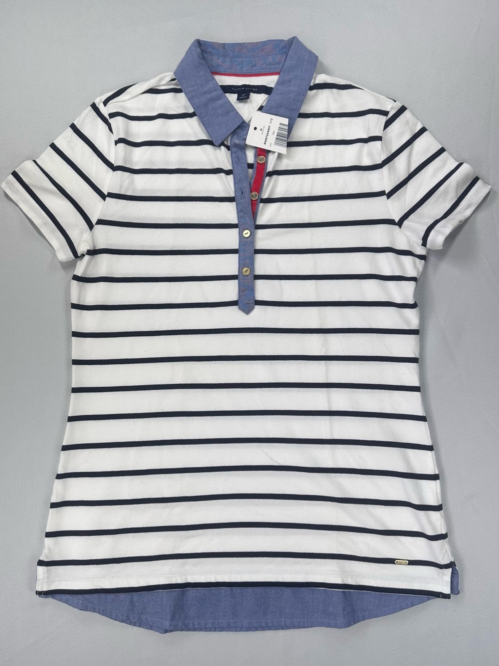 Tommy Hilfiger NWT Nautical Striped Polo Shirt Chambray Collar Small